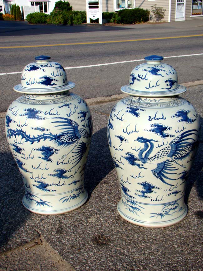 A large pair of Chinese blue and white porcelain covered jars, 20th century